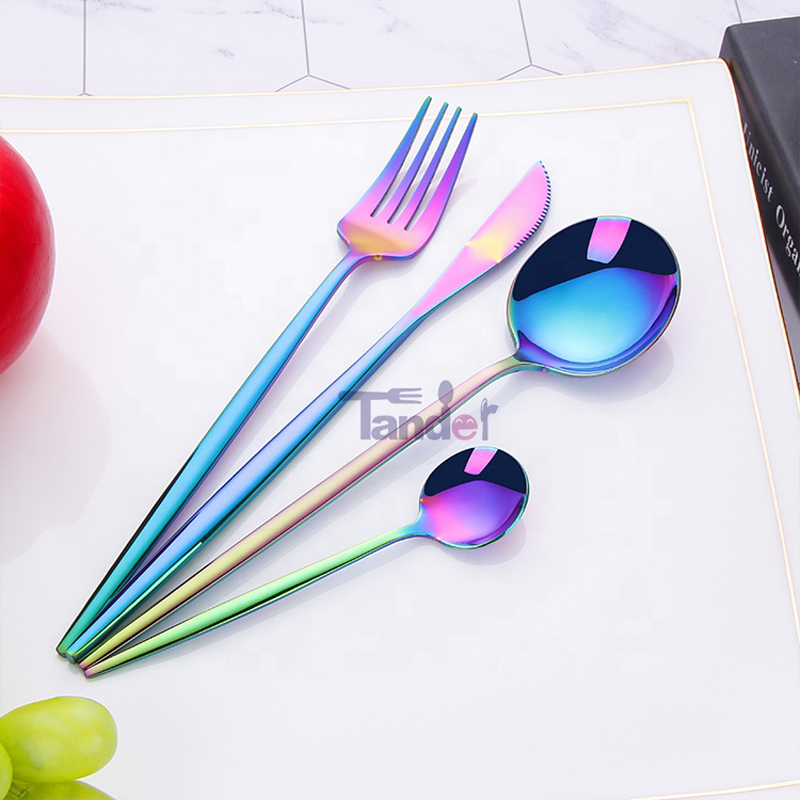 hot sale colorful pvd coating flatware set multicolor titanium stainless steel rainbow cutlery