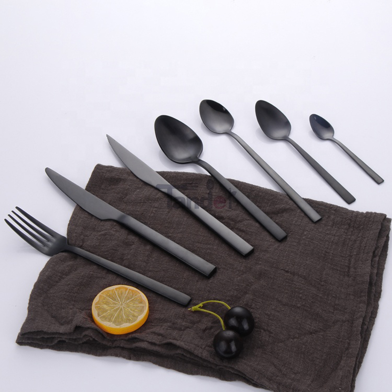stainless steel black flatware set dinnerware metal plated pvd matt titanium fancy dinner matte black cutlery