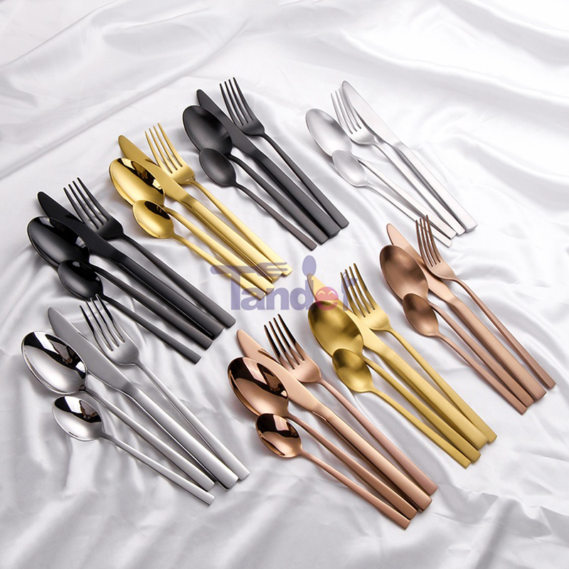 custom logo 304 matt black stainless steel brass cutlery pvd coating sand polish matte rose gold flatware set for restaurant