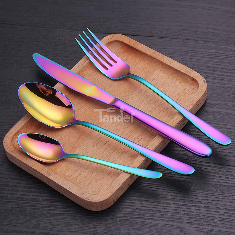 high mirror retail lridescent colourful camping stainless steel flatware rainbow cutlery set