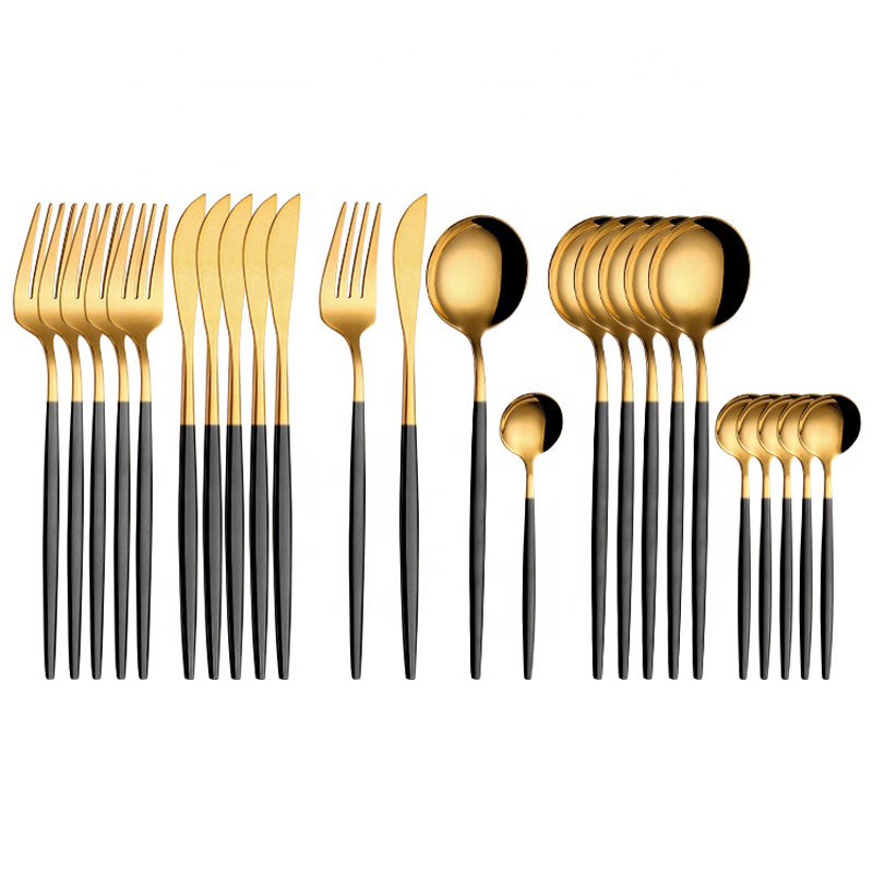 24 Piece Gold And Black Korean Brass Gold Stainless Steel Cutlery Set For Gift