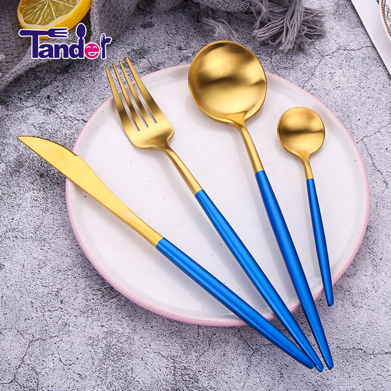 Tander korean style gold flatware set stainless steel blue handle cutlery set