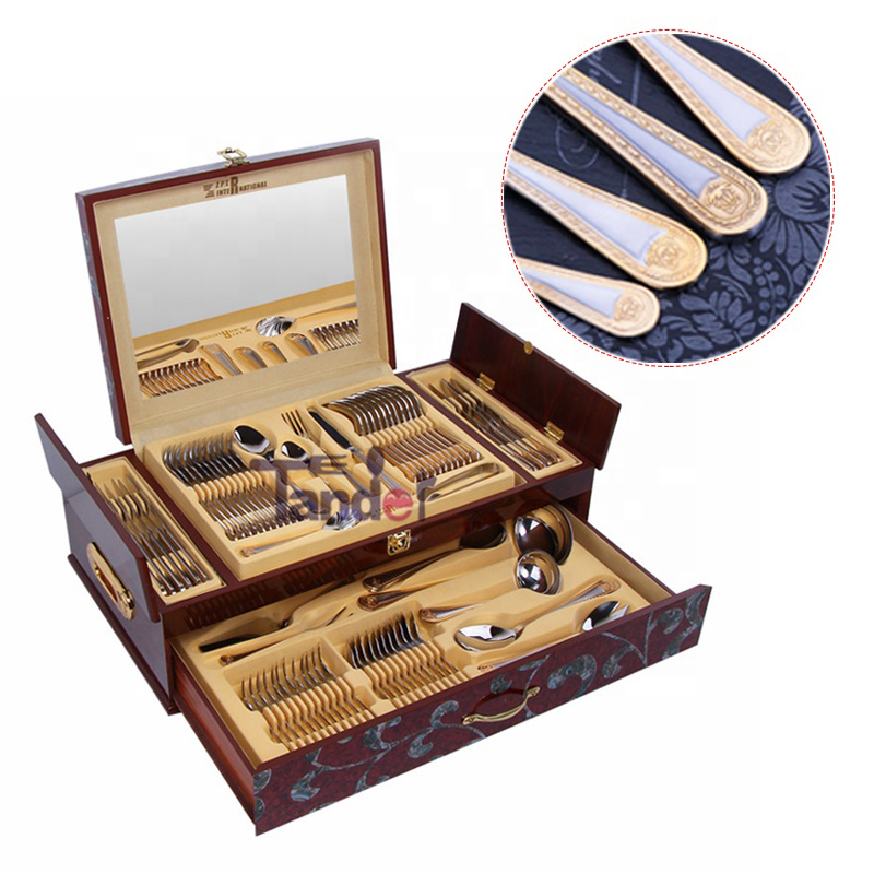 royal stainless steel flatware 72pcs fancy gold plated cutlery set with wooden case