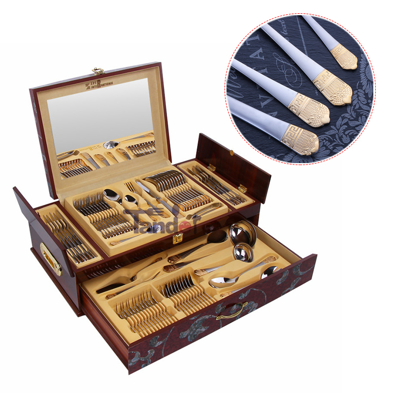 72pcs royal stainless steel flatware gold plated luxury cutlery set with wooden case