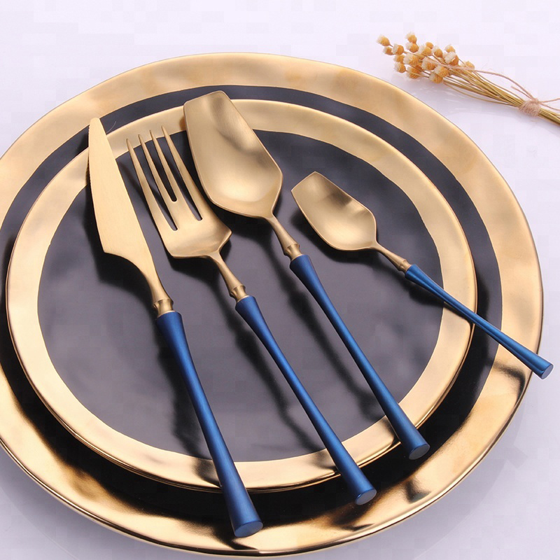 blue handle painting slim waist style flatware set gold stainless steel cutlery set