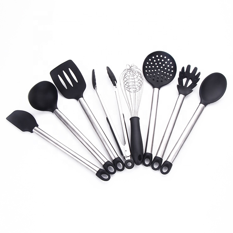 Stainless Steel Handles Cooking Tool BPA Free Non Toxic Silicone Turner Tongs Spatula Spoon Kitchen Gadgets Utensil Set