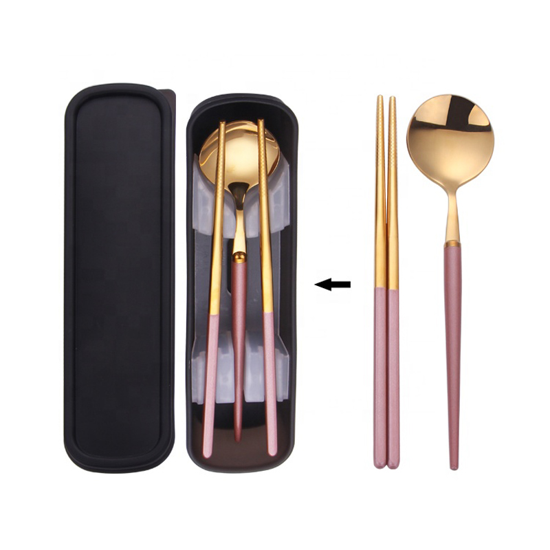 dinner spoon chopsticks pink gold picnic box cutlery set travel