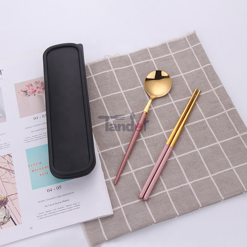 dinner spoon chopsticks pink gold picnic box cutlery set travel