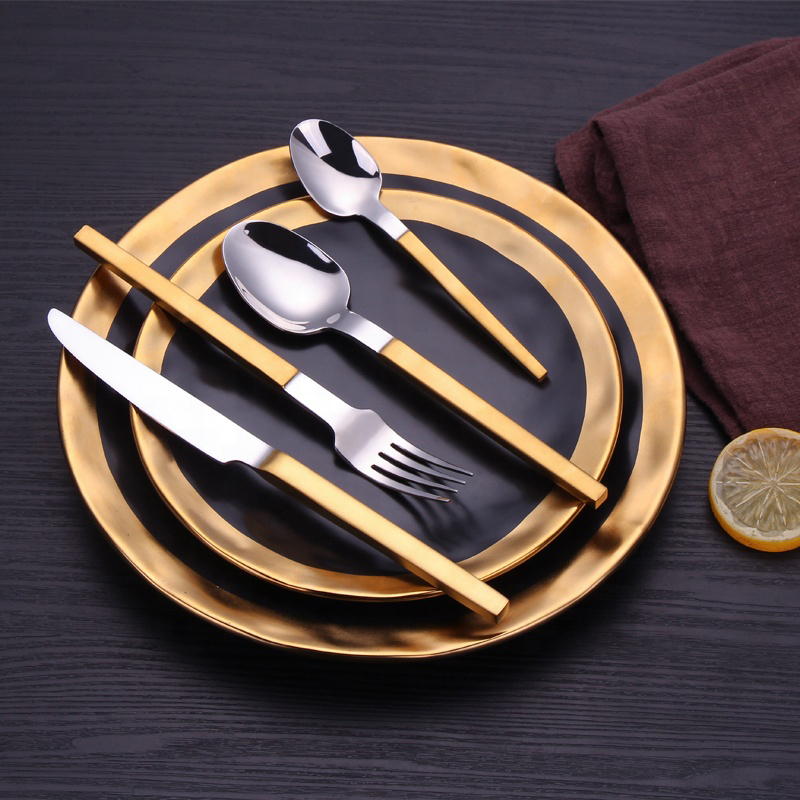 matte gold/black handle metal flatware set stainless steel cutlery