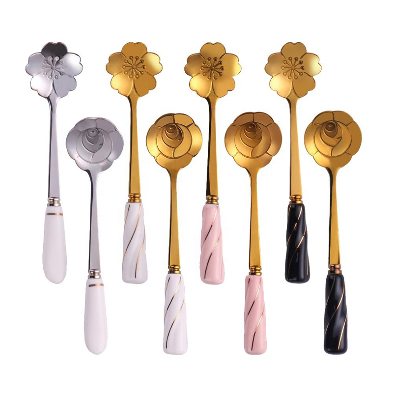 creative cutlery golden flower shape coffee spoon stainless steel tea spoon