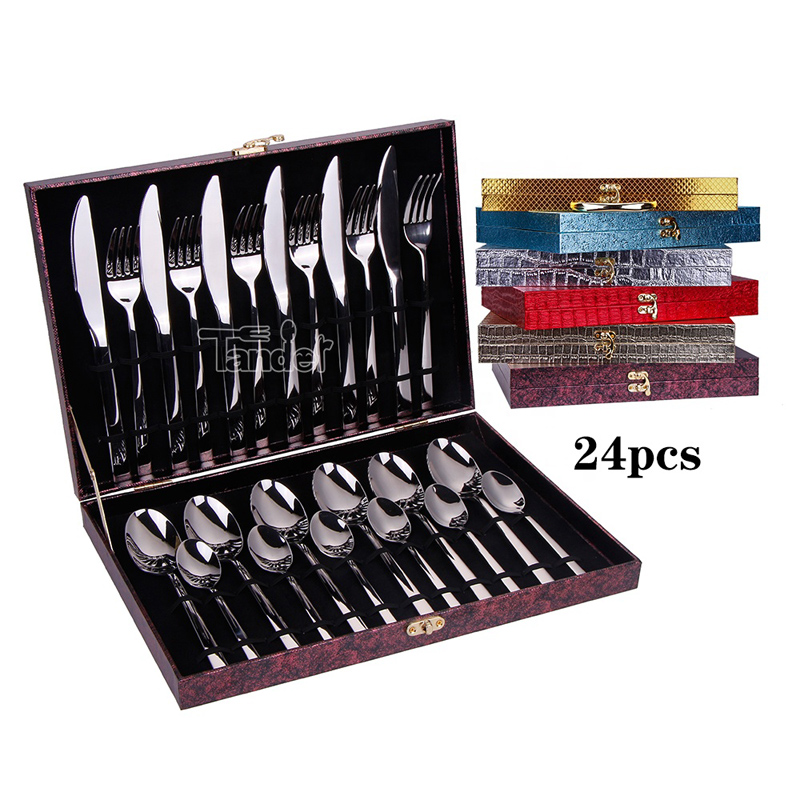 18/8 24pcs stainless steel silver cutlery set in wooden gift box