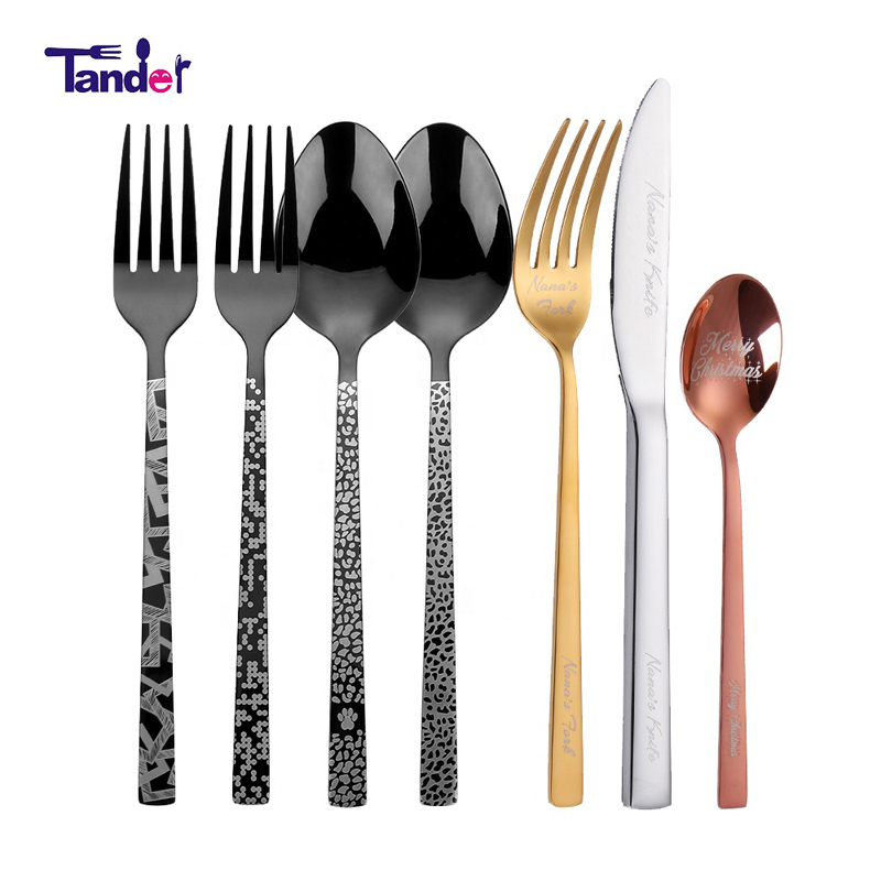Custom Laser Cutlery Black Golden Metal Flatware Royal Restaurant Wedding Matte Gold Stainless Steel Cutlery Set