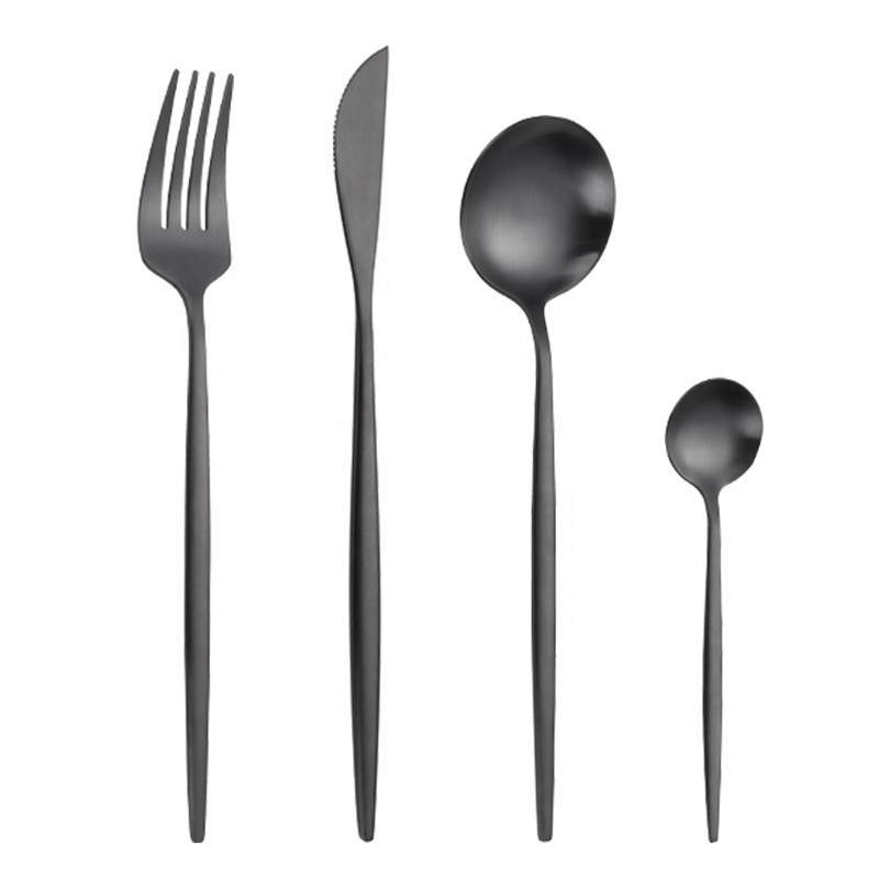 modern reusable flatware titanium black color restaurant cutlery, metal stainless steel matte black cutlery set