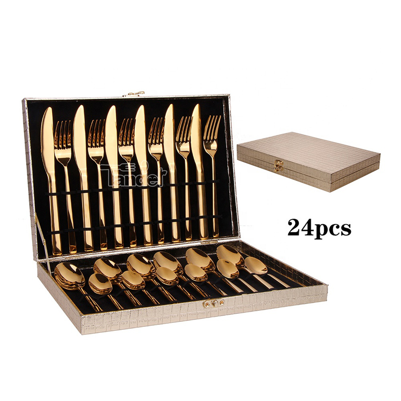 Knife Spoon Fork Set Gold Flatware Brilliant Custom Metal Stainless Steel Hotel 24pcs Cutlery Set with case