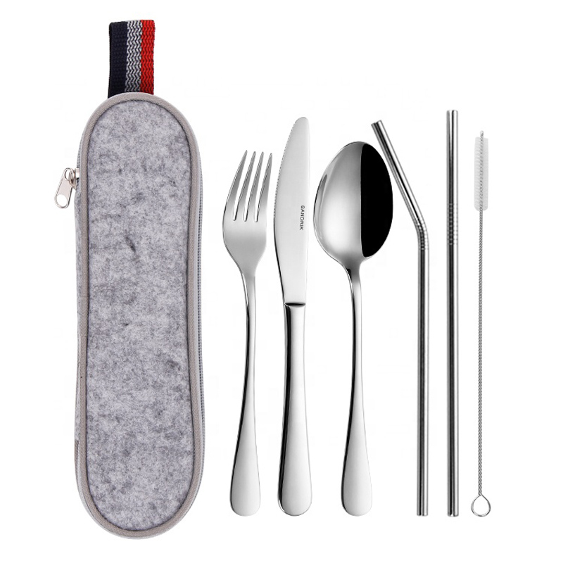 reusable metal travel portable cutlery set with straw