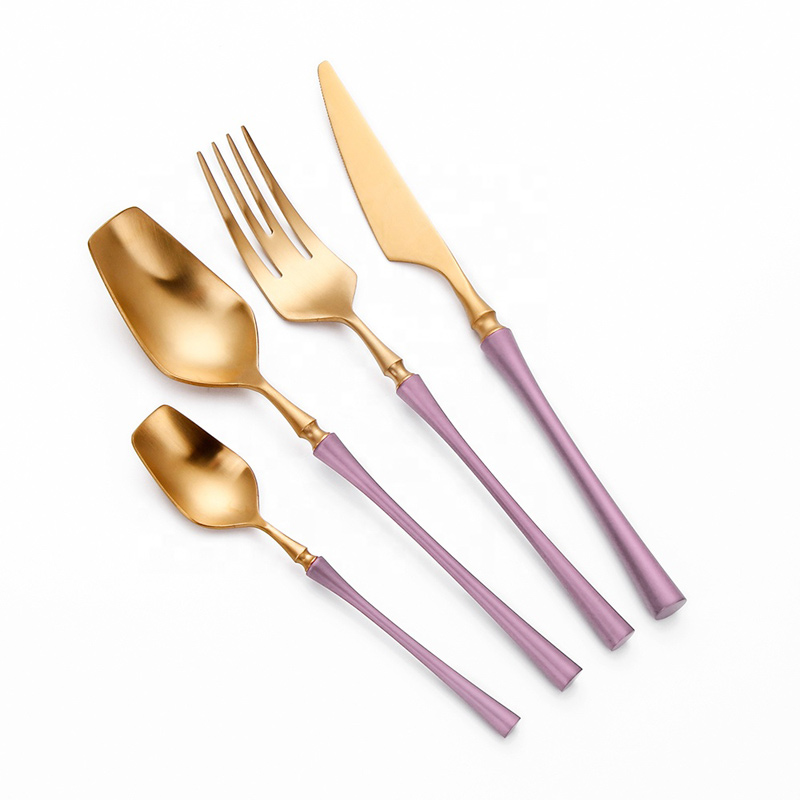 pink handle gold pvd coating slim waist style stainless steel wedding cutlery set