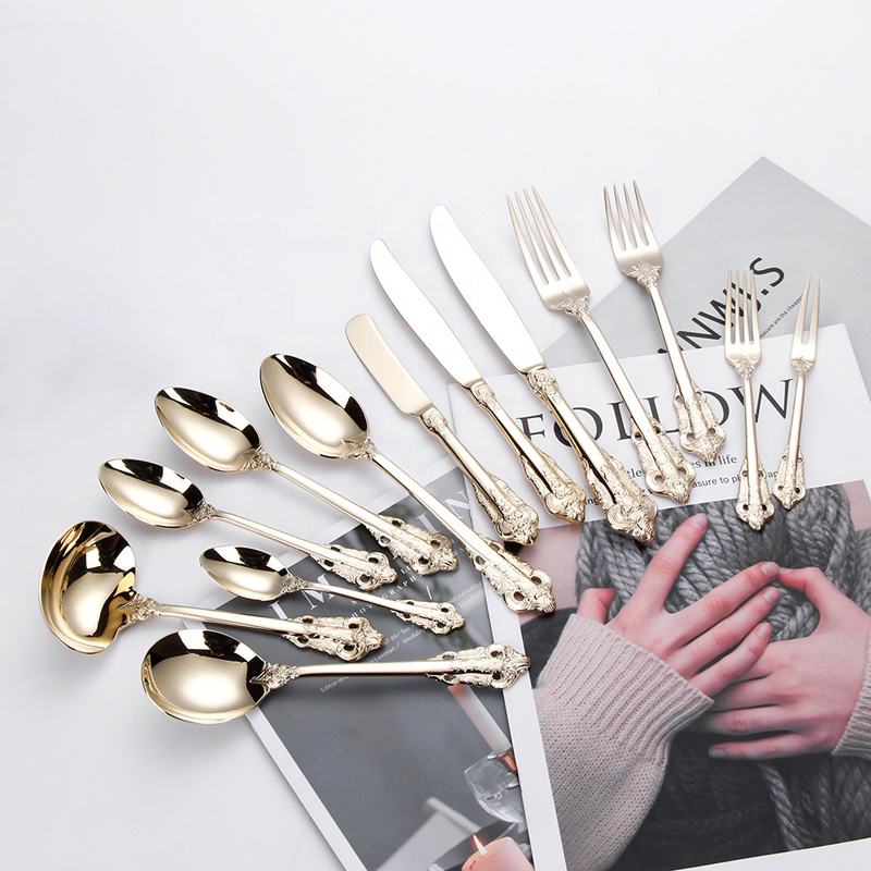 Full Setting 304 Mirror Polish Champagne Stainless Steel Royal Gold Cutlery Set For Wedding